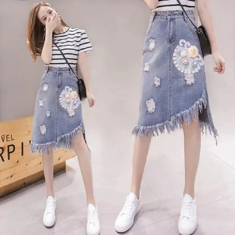 Fashion Denim Skirt 2024 Summer High Waist Mid-Lenth Skirts Embroidry Flower Jeans Skirt Female Oversize A-line Pencil Skirts