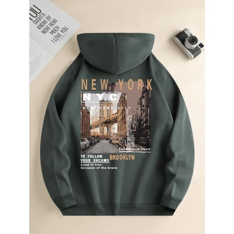 100% Men's new fashion hoodie, Casual Daily Drawstring Hooded Sweatshirt Street View Print, front kangaroo pocket, men's jacket