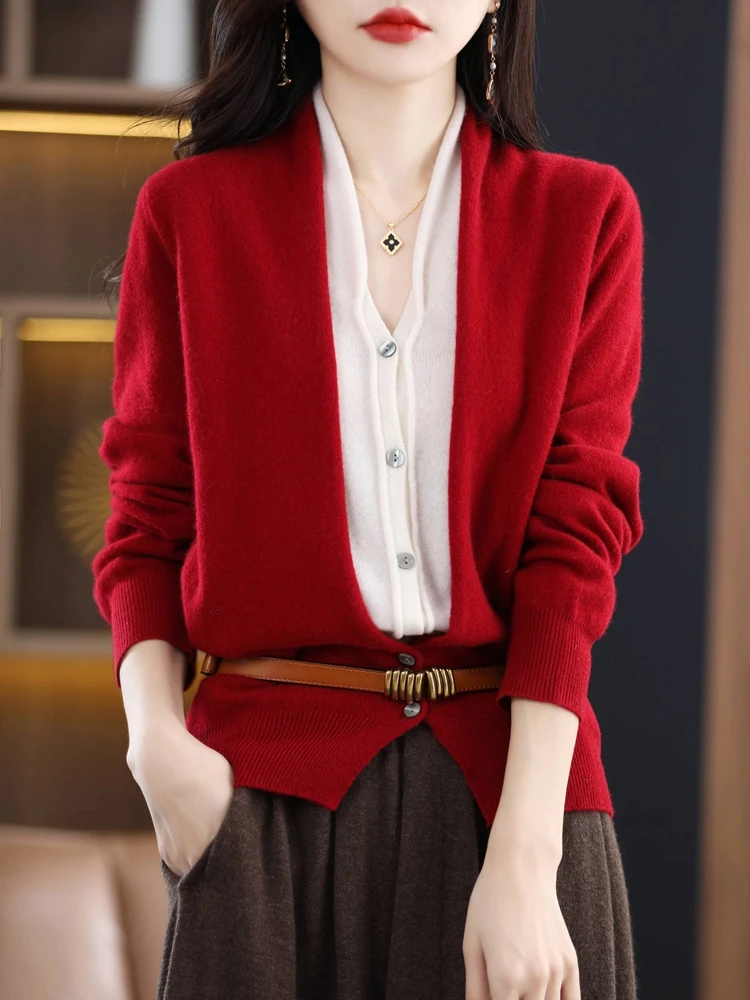 Autumn Winter New Chic V-neck Cardigan Sweater For Women 100% Merino Wool Grace Office Lady Basic Cashmere Knitwear Topss