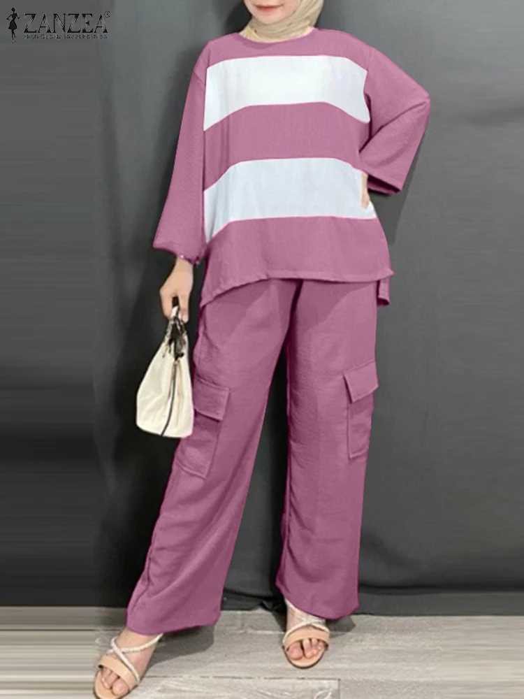 

Women Summer Muslim Sets ZANZEA 2PCS Fashion Long Sleeve Striped Blouse Trousers Suit Dubai Tracksuits Eid Mubarek Outfits 2024