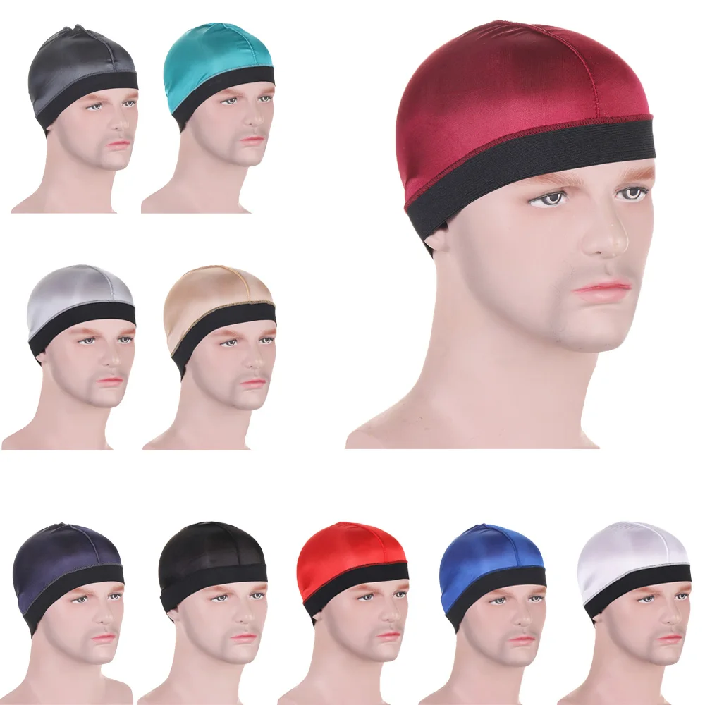 Dome Cap Elastic Band Wave Cap for Men Breathable Wig Cap Beanies Solid Color Durag Dome Cap for Men Bandanas Hair Accessories