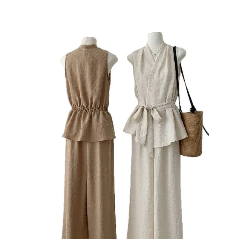 

Temperament Design Waist Strap Sleeveless Top + High Waist Wide Leg Straight Casual Pants Set High Quality High Appearance Level