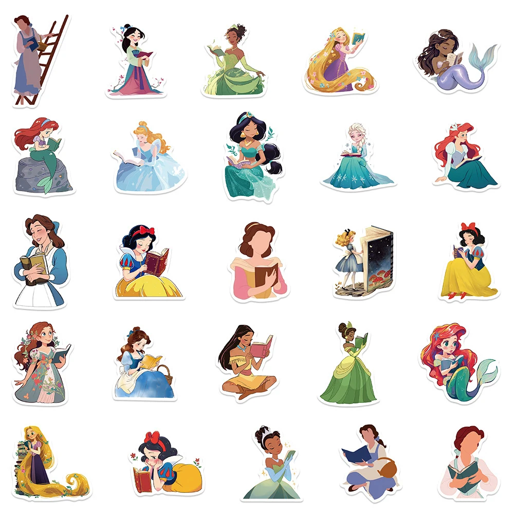 10/30/50 pçs disney princesa livros de leitura dos desenhos animados adesivos para crianças diy telefone portátil bagagem bonito graffiti decalques diversão para o presente