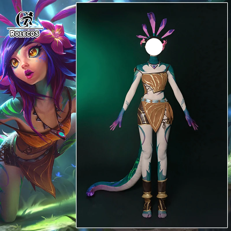 

ROLECOS Game LOL the Curious Chameleon Neeko Cosplay Costume Women Neeko Costume Halloween Party Suit Full Set with Tails