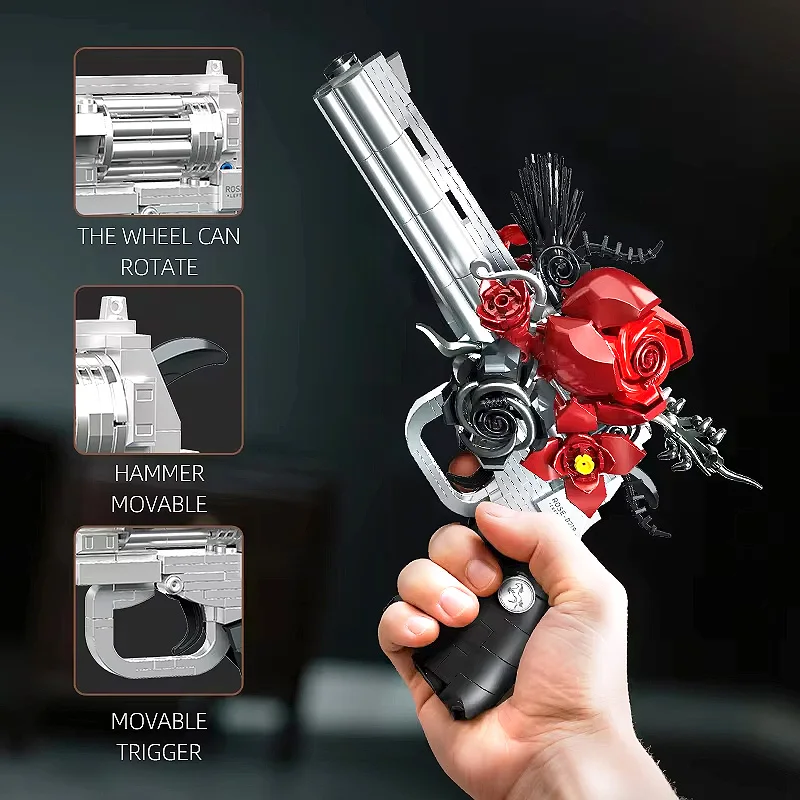 New in Stock JJ9218 Crafted Rose Gun Toy Revolver Model Ornament Builing Blocks Puzzle DIY Children Toy Christmas Gift