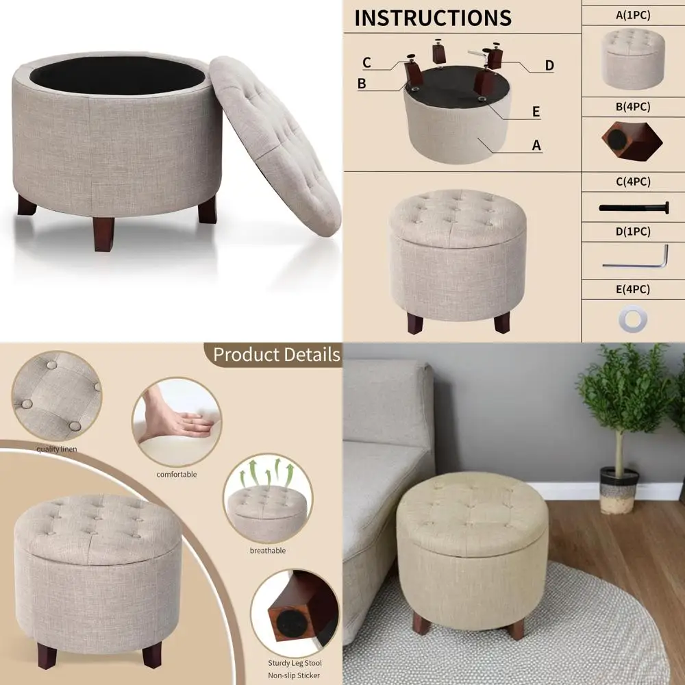 

Modern Linen Upholstered Storage Ottoman, 17 High Round Footstool with Removable Top and Wooden Legs for Living Room and Bedroom