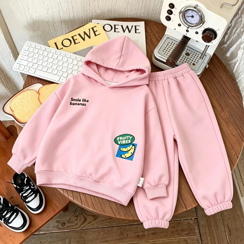 Girls Pink White Outfits Strawberry Banana Print Hoodies Solid Color Sweatpants Two Piece Set Spring Autumn Clothing Kids Suits