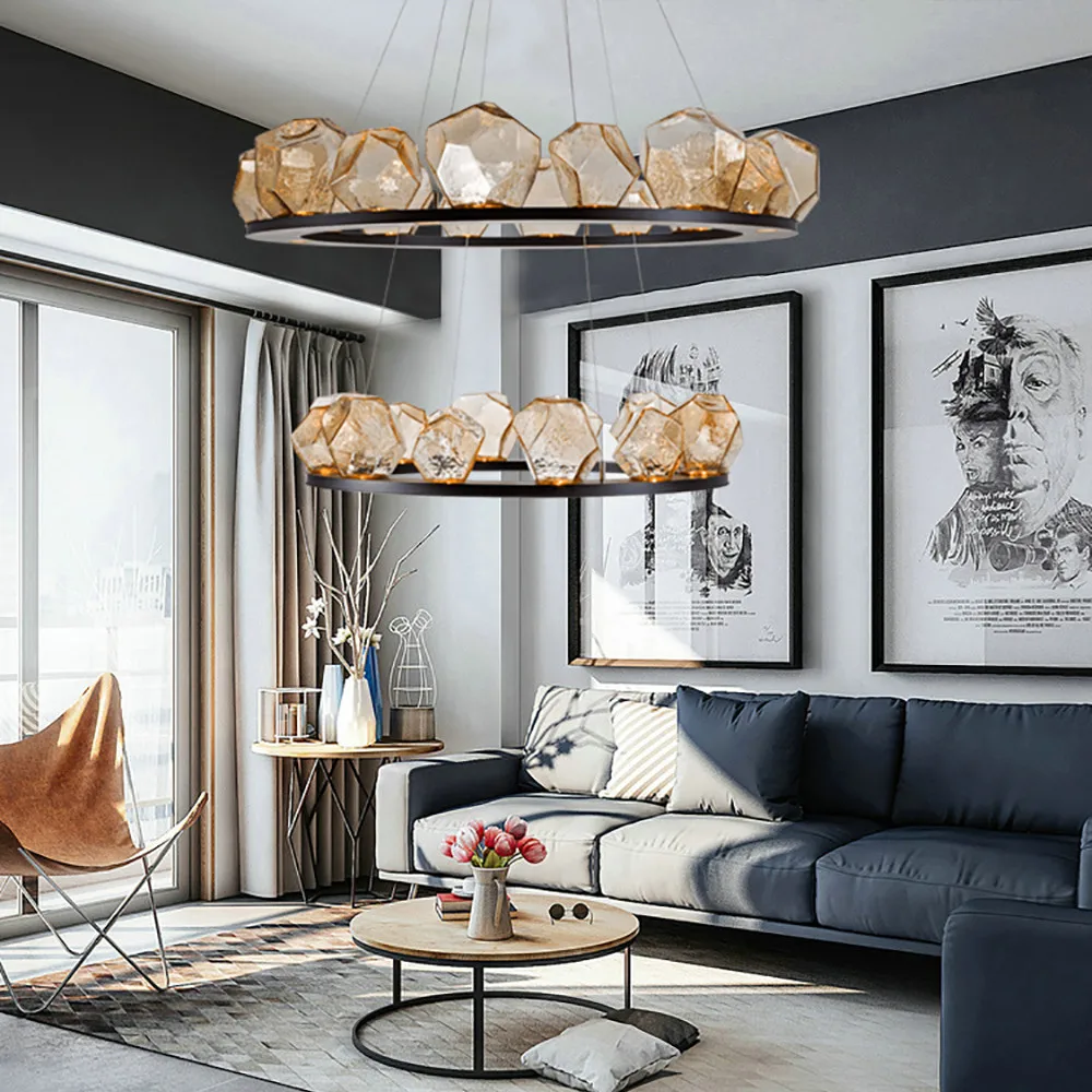 Modern LED Living Room Chandelier Lighting Nordic Rock Glass Dining Room Hanging Lamp Luxury American Bedroom Restaurant Fixture