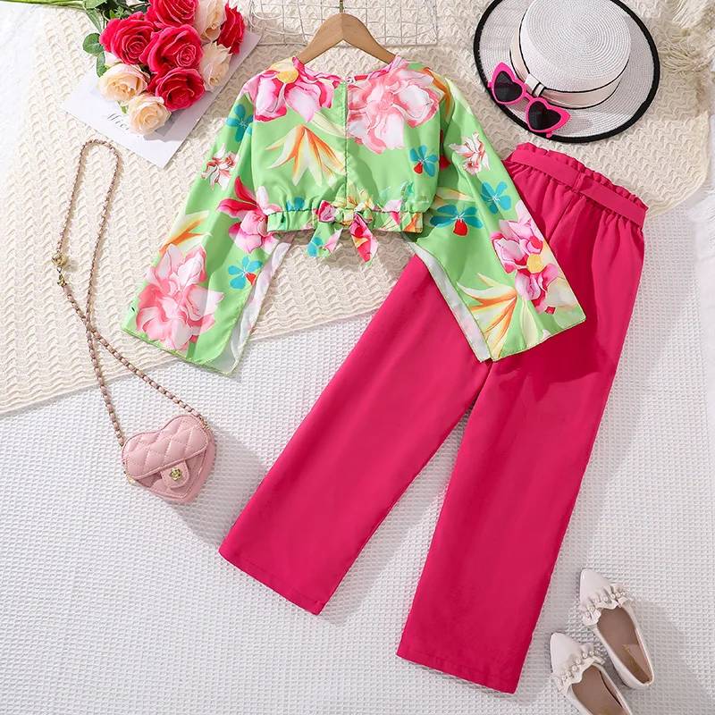 2024 New Clothing Set Girls Long Sleeve Print Floral Green T-shirt Rose Red Pants 2 Pcs Sets Casual Girls Clothes Set 8-12T