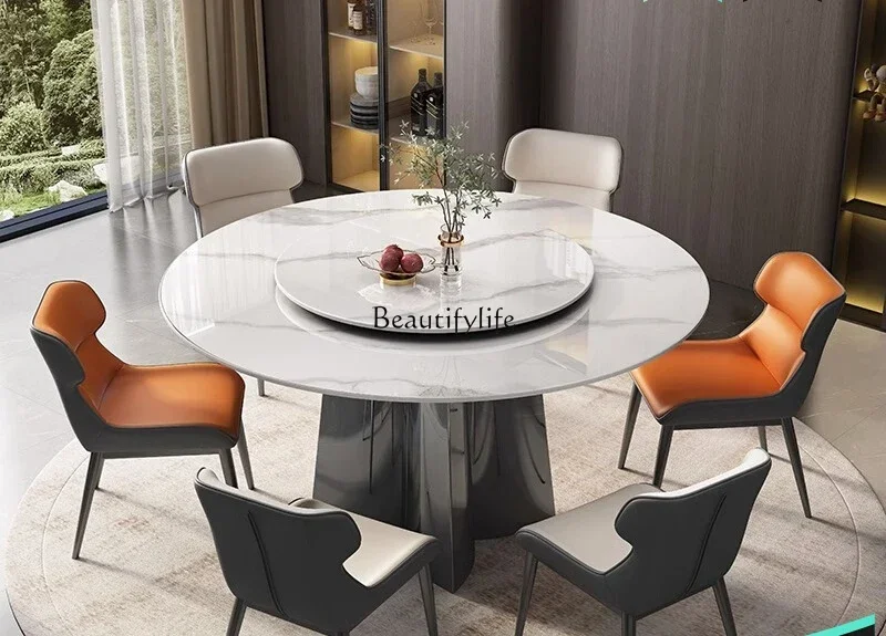 

FG*Light luxury rock slab dining table with turntable round modern simple marble round dining table