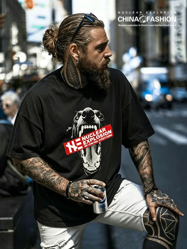 Nuclear Explosion Brand Summer T-Shirt Men's Loose Fit Short Sleeve Printed Cotton 100% Breathable Black Large Size Half Sleeve