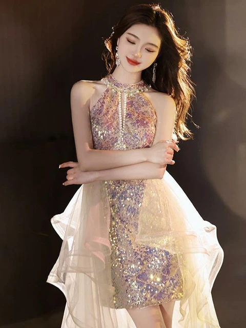 Sparkling Mermaid Evening Dress Sleeveless Halter Beaded V Neck Short Cocktail Party Gown Elegant Tulle Trailing Wedding Dresses AliExpress
