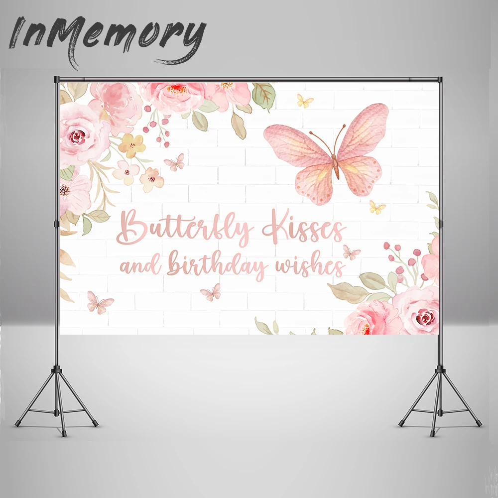 Butterfly kisses and Birthday Wishes Baby Girl Photography Background Pink Newborn Baby Shower Background for Photo Studio Vinyl