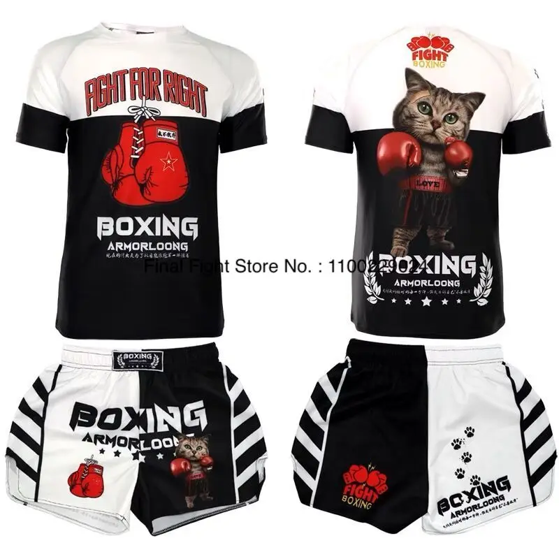 Muay Thai Boxing Shorts and Matching T Shirt Set Printing Kickboxing Cage Fighting Grappling Pants Martial Arts Training Uniform