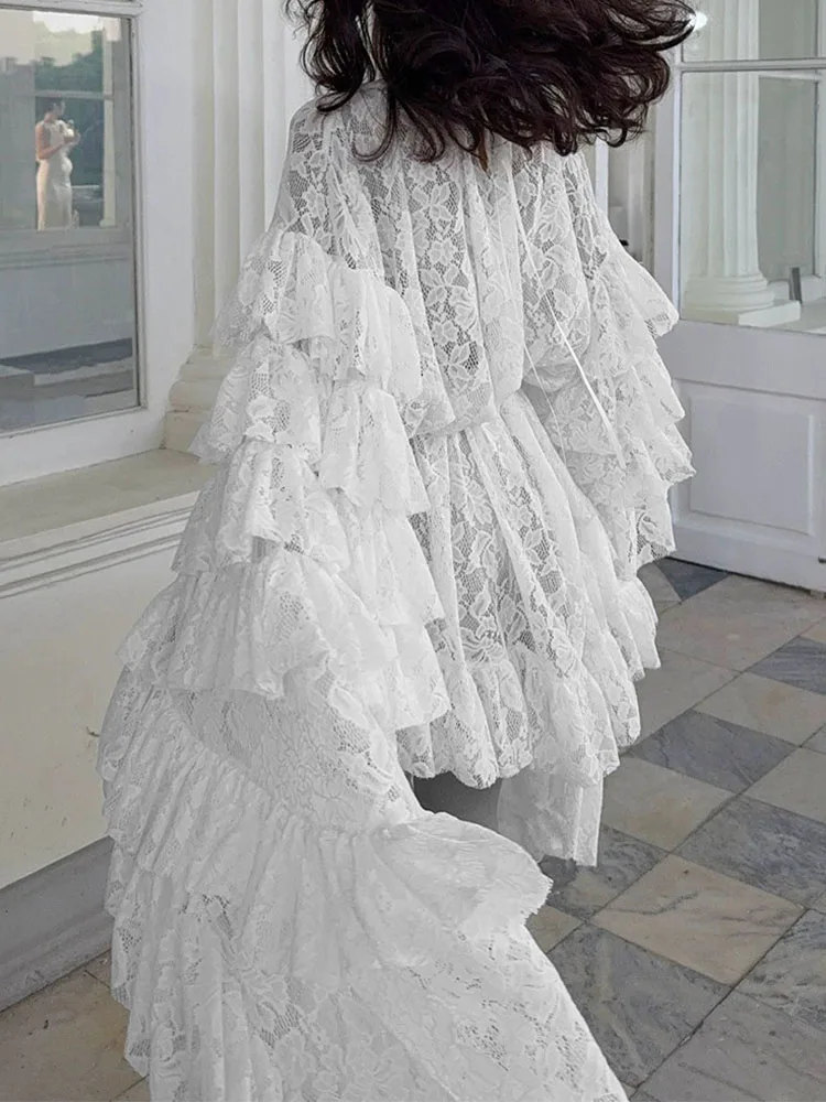 فستان عصري عالي الشارع 2026 للربيع والخريف نمط جديد من الدانتيل منظور لوتس ليف حافة كم رغبة نقية نمط تنورة قصيرة #1