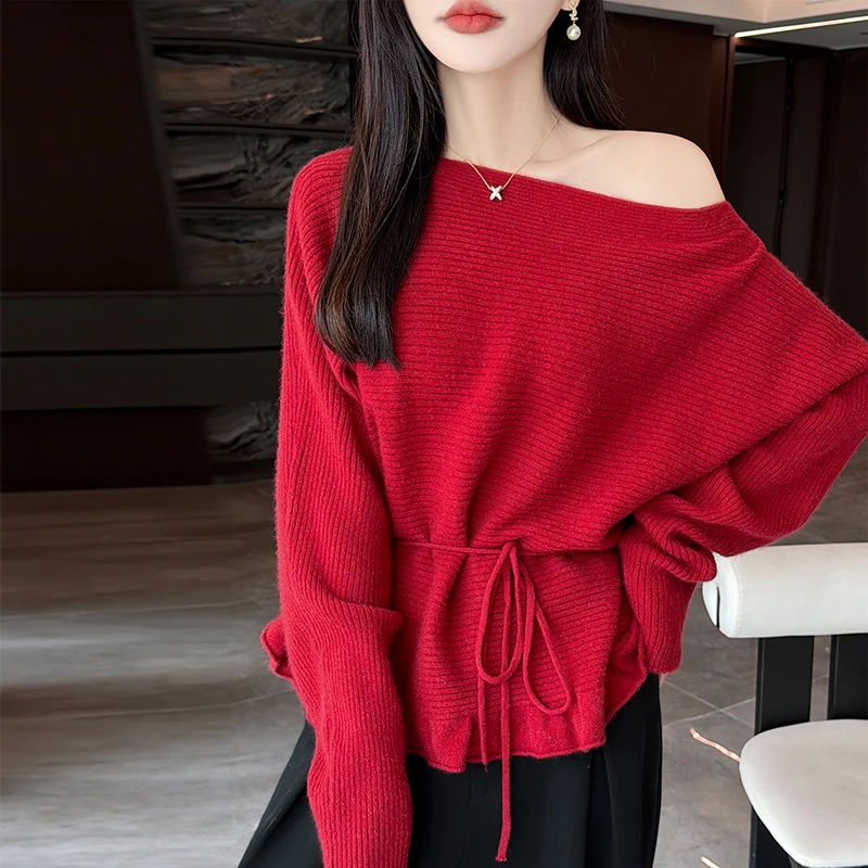 Batwing Long Sleeve Knit Pullover Women 100% Wool Slash Neck Off shoulder Top Korean Fashion Sweater Loose Casual Autumn Outwear