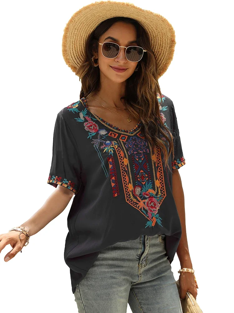 Khalee yose zwart gebloemd borduurwerk blouse tops boho vintage chique v-hals vrouwen shirt 23xl losse hippie dames vakantie shirt tops