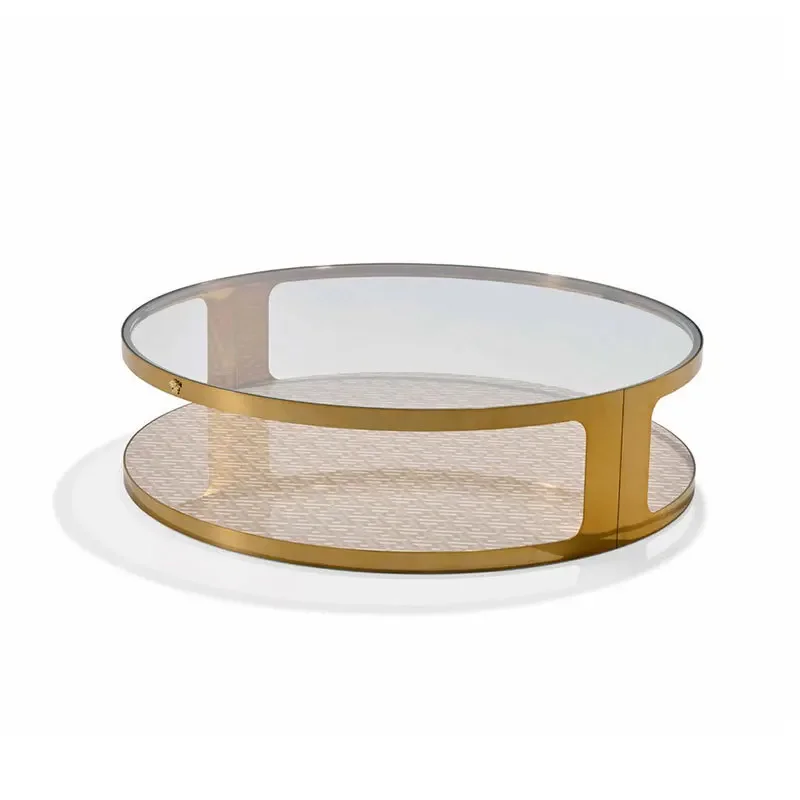 Light luxury tempered glass coffee table simple designer villa living room household stainless steel round high and low