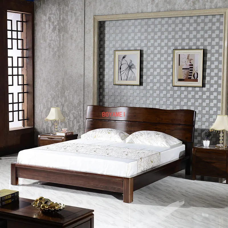 Far North America black walnut all solid wood double bed Modern new Chinese pneumatic high box storage hard bed