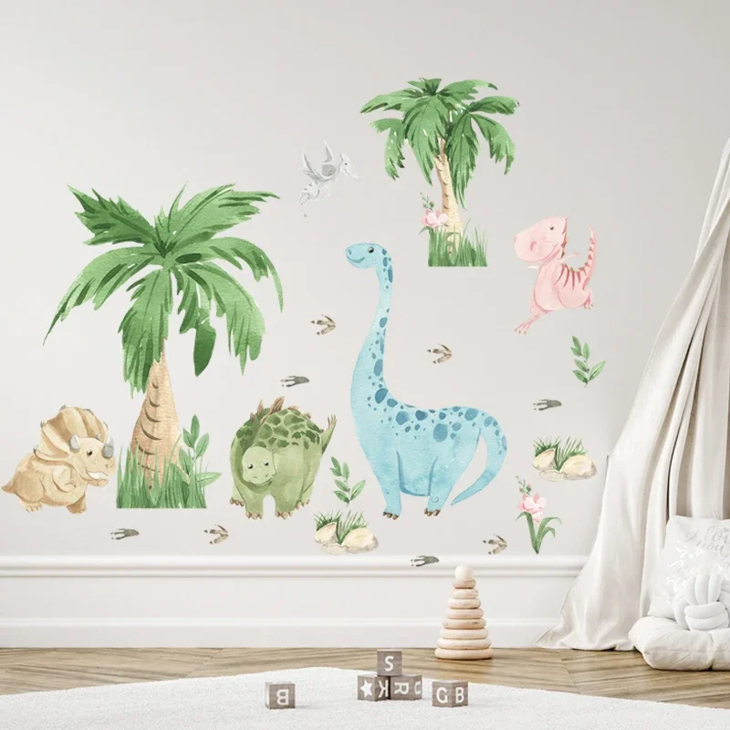 101x80cm Watercolor Cute Dinosaurs with Coconut Tree Wall Stickers Removable Wall Decals for Baby Nursery Room Kids Room Murals