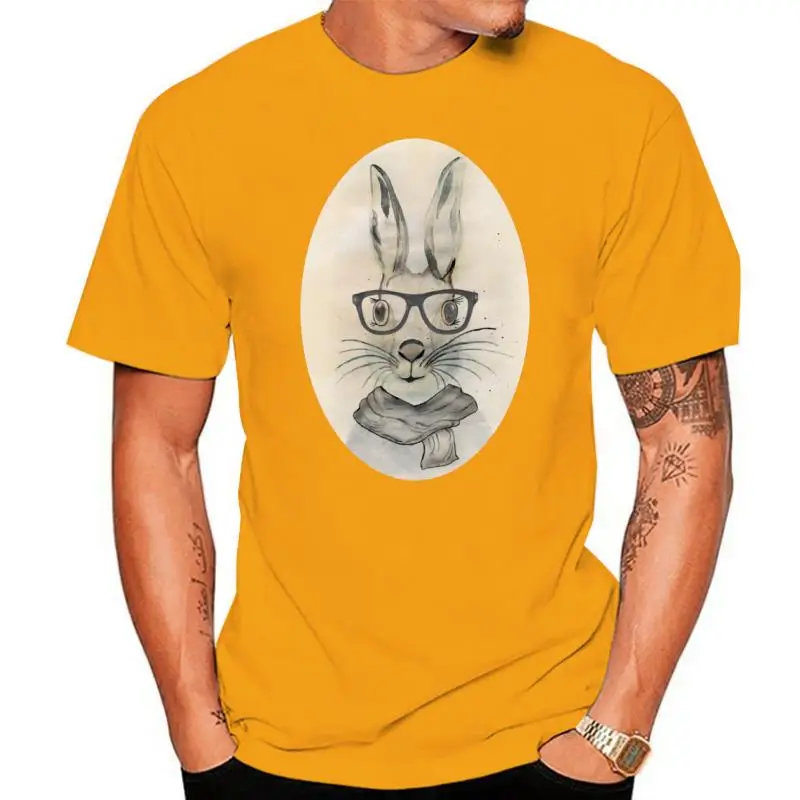 New Arrival Cute Funny T-shirt Watercolor Bunny Men's Cartoon T Shirts Retro Rabbit With Glasses And Scarf