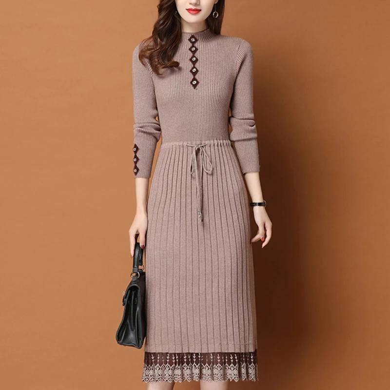 Brown Long Knit Sweater Dress Button Sashes Contrast Lace Patchwork Office OL Party Vestidos Black MIDI Sweater Dress Women 2022