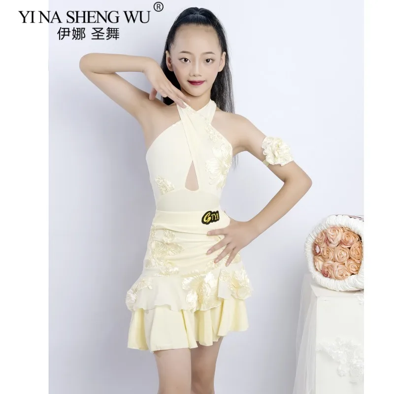 جديد طفل فستان رقص اللاتينية أكمام الرسن ارتداءها تنورة مجموعة الفتيات أوف وايت عارية الذراعين فستان الرقص المنافسة أداء ارتداء