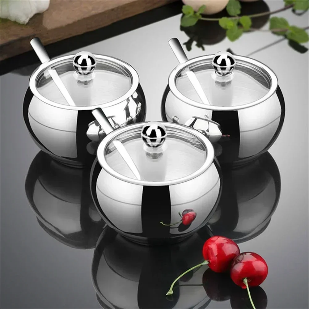 Stainless Steel Sugar Bowl With Lid And Spoon Portable Sugar Box Kitchen Container Cooking Sugar Seasoning Jar Storage Bottle L1