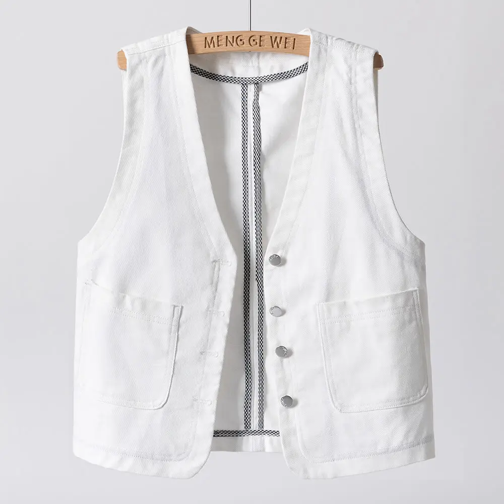 

Fashion Spring and Autumn V-neck Vest Women's New White Sleeveless Coat Denim Versatile Tank Top