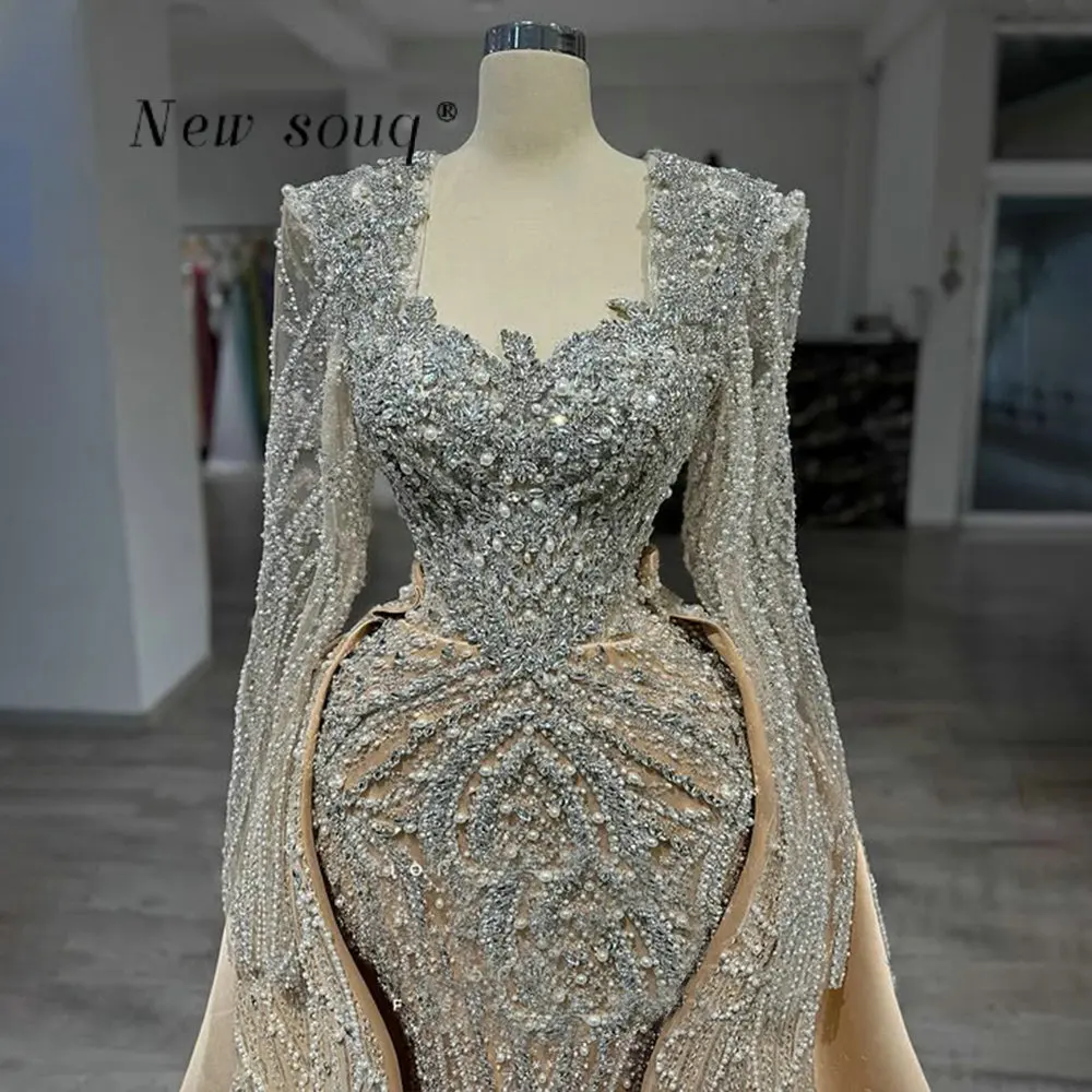 

Вечерние платья 2026 года цвета шампань с длинными рукавами и атласной накидкой, инкрустированные кристаллами и жемчугом, на заказ, для торжественных мероприятий, для женщин