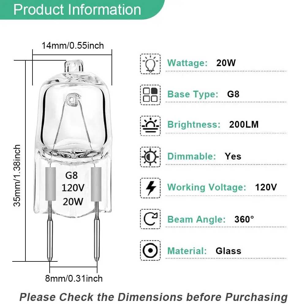 5-Piece G8 Halogen Light Bulbs 20W 35W Dimmable 120V G8 Base 2Pin Xenon Bulb T4 JCD Type Warm White Under Cabinet Puck Lighting
