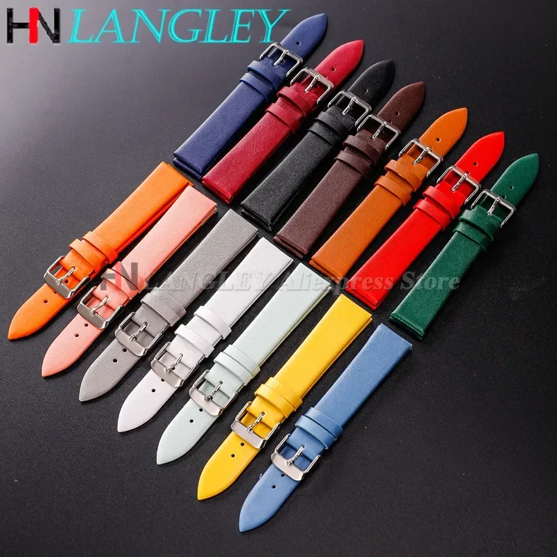 Colorful Leather Strap Watch Band Ultra Thin 12/14/16/18/20/22mm Watch Strap 14 Colors Plain Weave Needle Pattern Men Women Belt