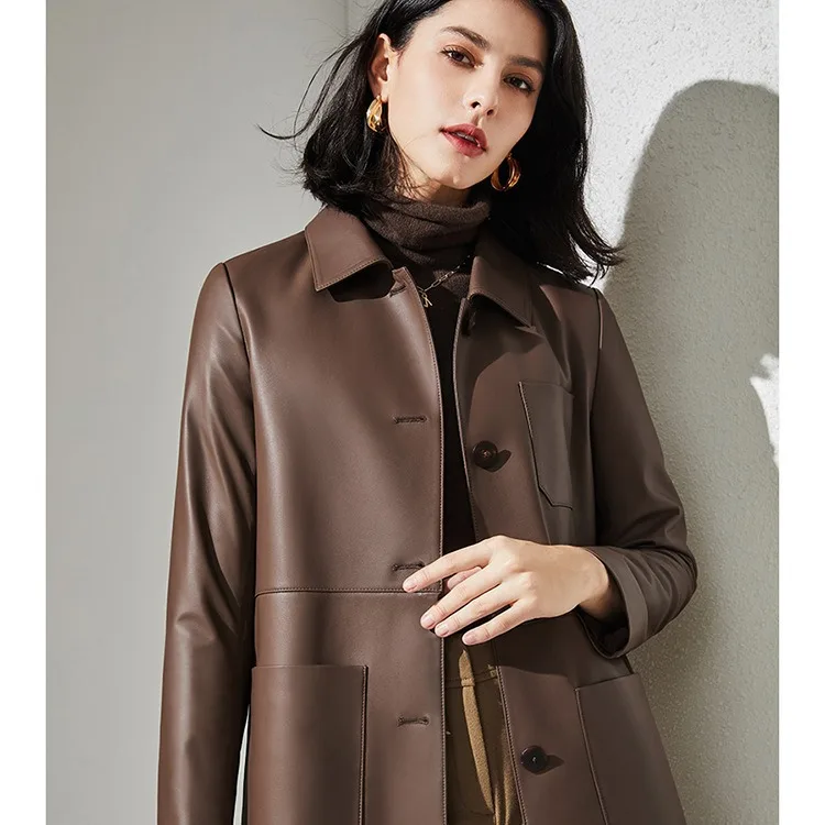 2024Haining  Autumn New Sheepskin Style Flip Collar Mid length Genuine Leather Coat Women's Windbreaker Coat