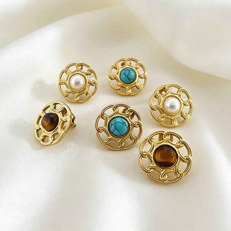 Stainless Steel Natural Turquoise Ear Clips 18K Gold Plated Female Non Tarnish Waterproof Non Pierced Clip on Earrings Jewelry