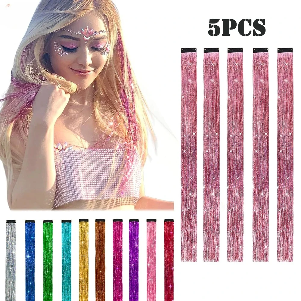 

5 шт./упак. блестящие наращивание волос на клипсе радуги, блестящая блестящая мишура для волос, термостойкие блестящие наращивания волос для el cabello