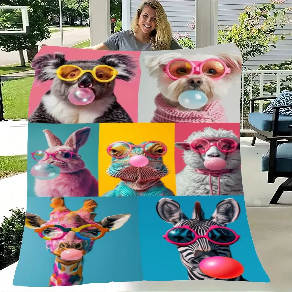 Colorful Whimsical Animal Portraits Blanket - 2x3 Grid Design Featuring Playful Koala, Adorable Dog, Charming Rabbit, Fun Lizard