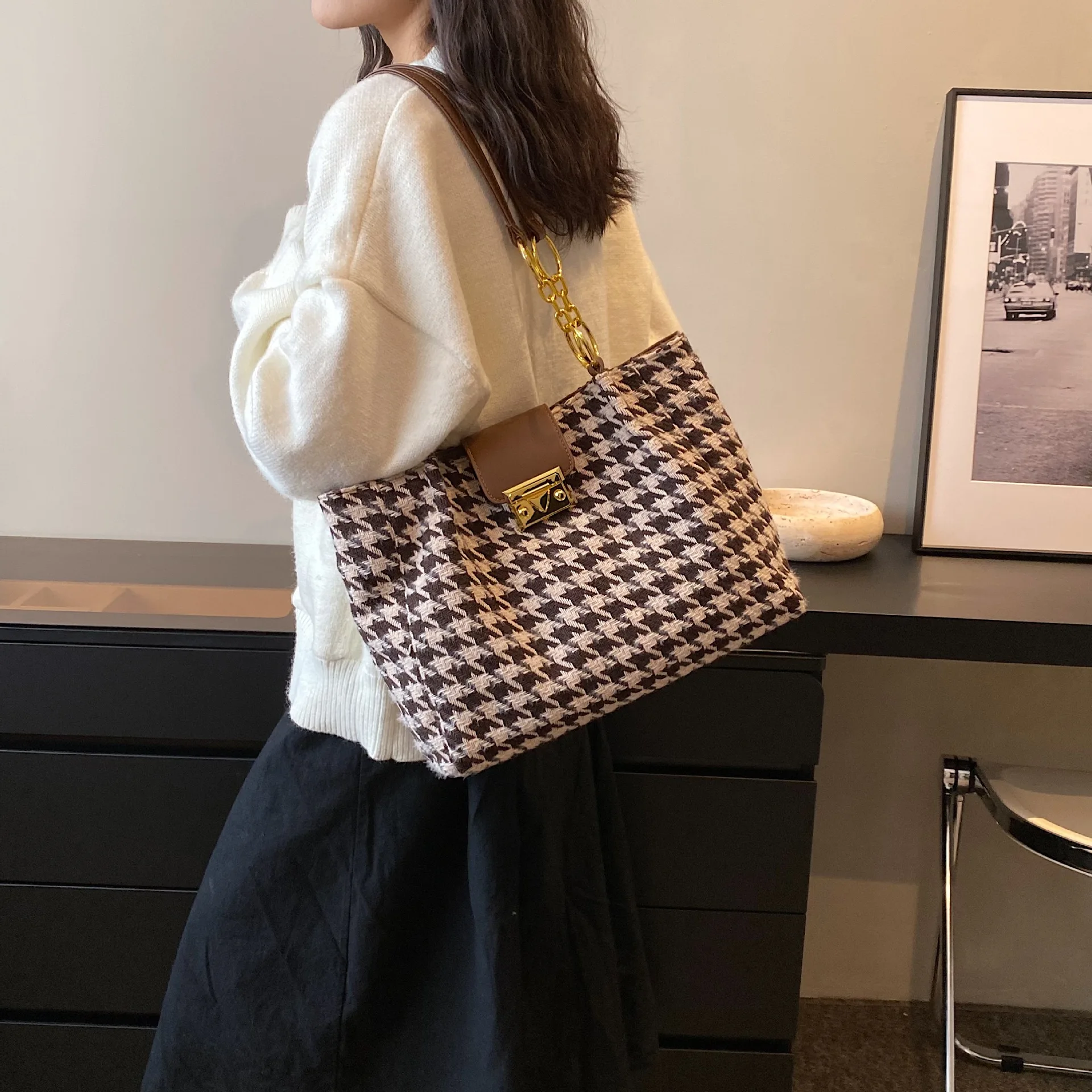 Big Houndstooth Tote Shoulder Bags for Women Handbags and Purses 2023 New Trendy Designer Large Shopping Bags High Quality