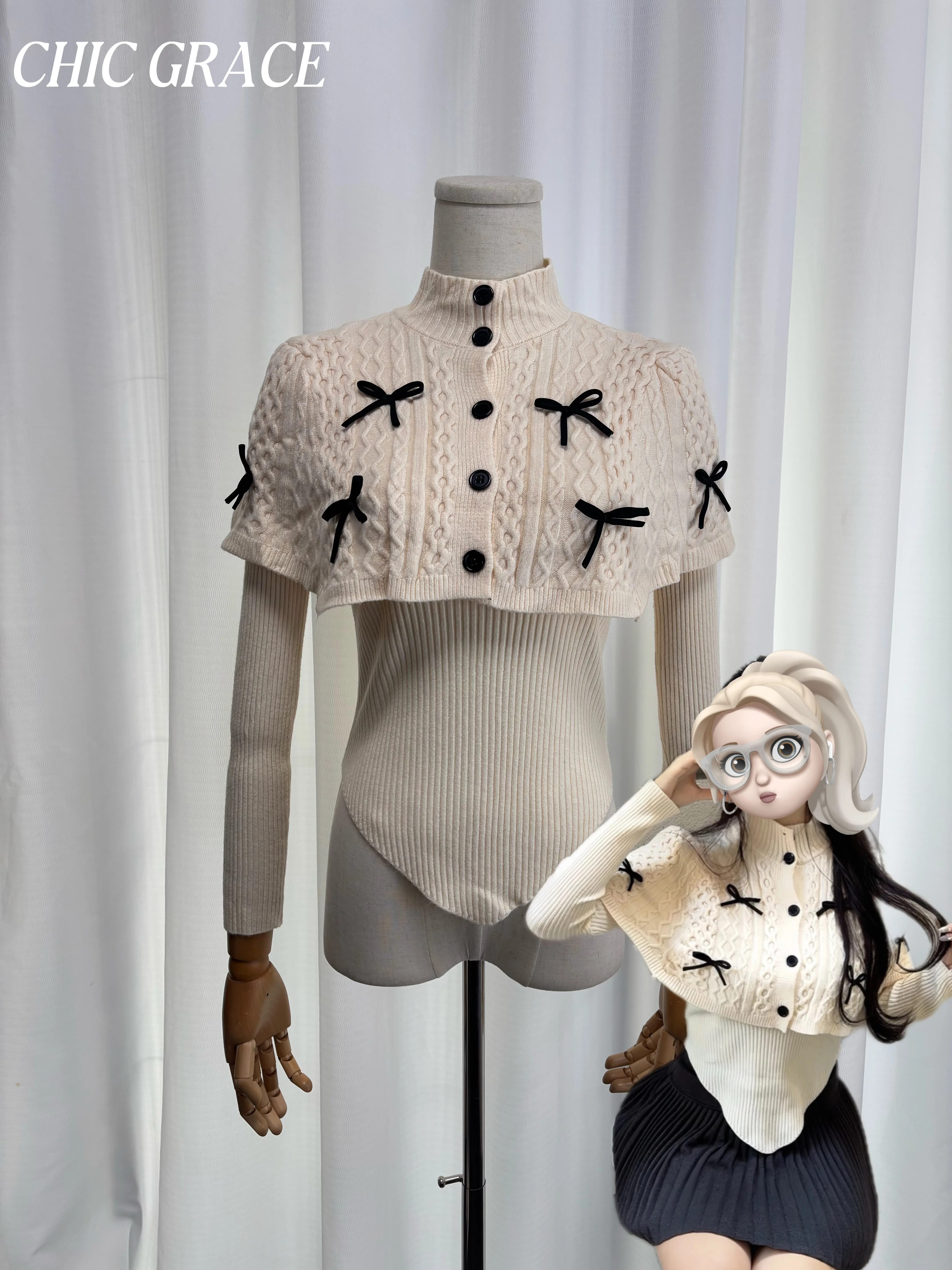 

Real shot Women's Apricot Solid Color Half Turtleneck Bow Decor Knit Sweater Cape Shawl Two-Piece Set for Autumn Winter Elegant