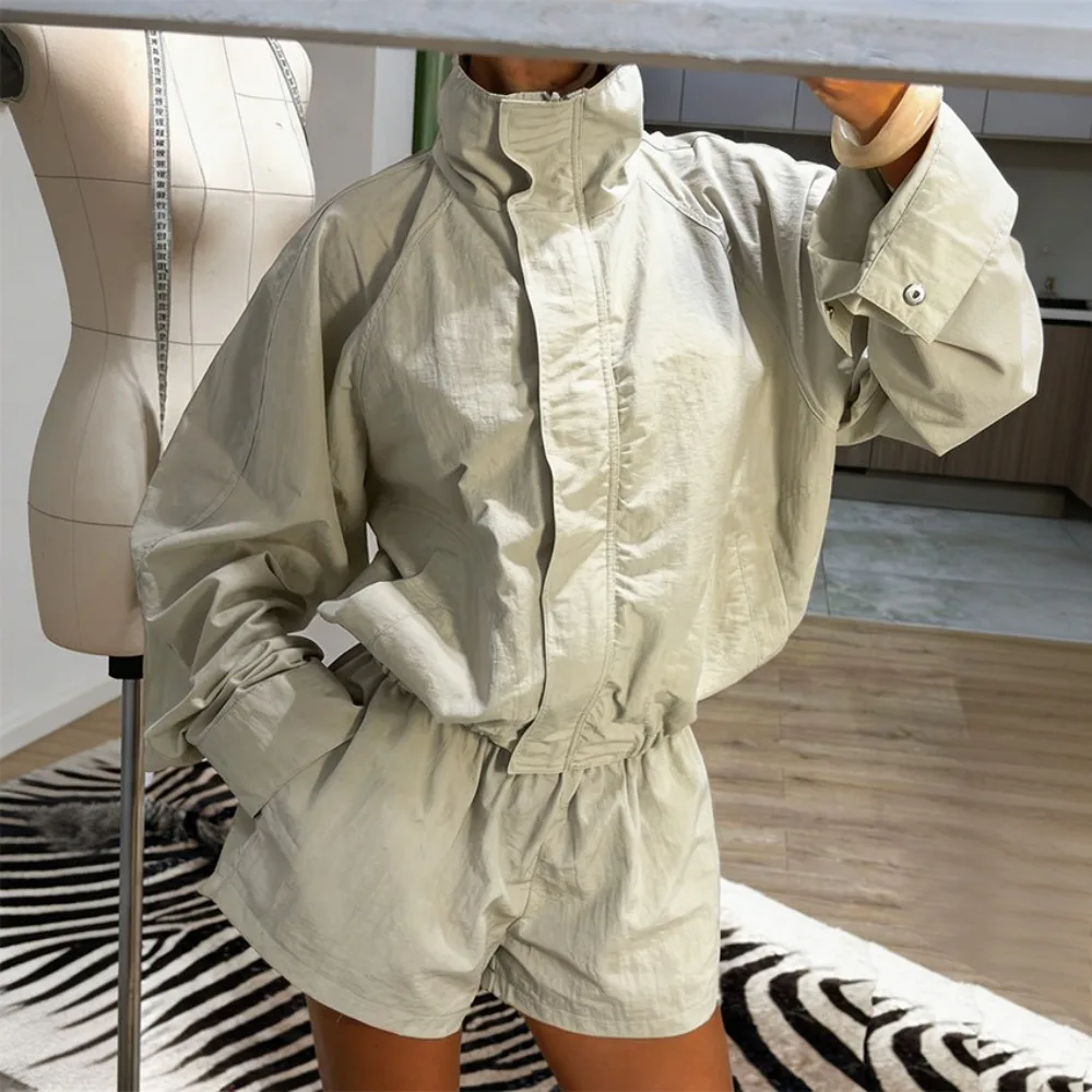 Cargo Style High Neck Zipper Jacket Wide Leg Pants Set Spring and Summer Women Texture Loose Soft Long Sleeved Jacket Pants 2Pcs