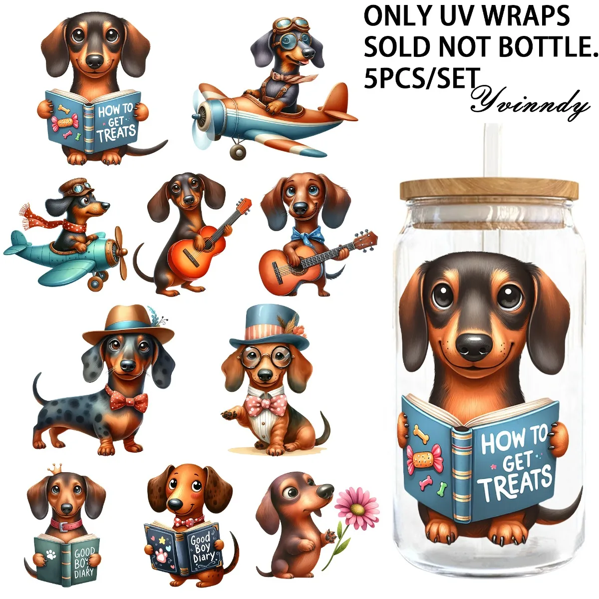 

5 шт./компл. забавная такса 16 унций стеклянная банка переводная бумага УФ DTF высоко самоклеящаяся переводная бумага подходит для украшения чашек