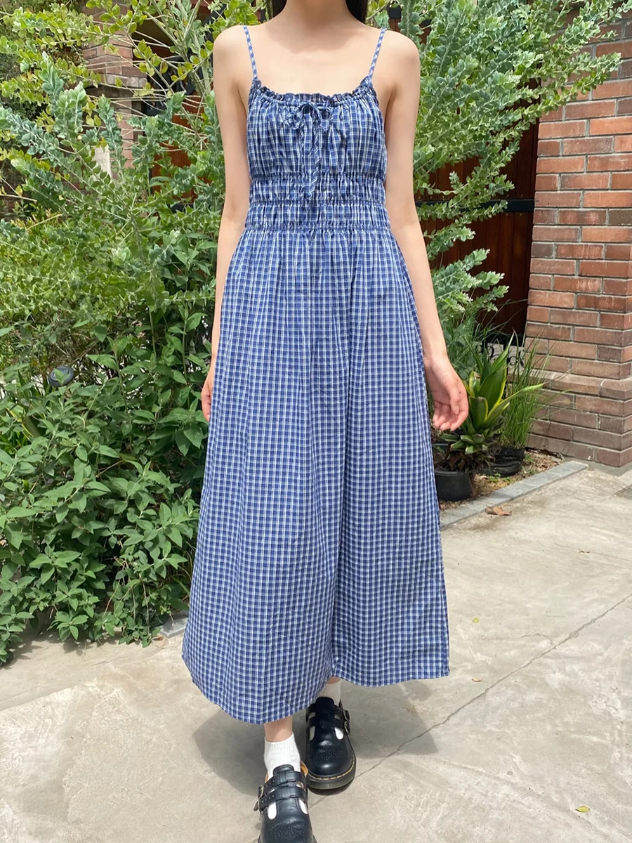 Nuovo Blu Plaid Maxi Vestito Donna Estate Elastico in Vita di Cotone Lace-up Pieghe Senza Maniche Abiti Retro Carino Lungo Camis Abiti Y2k