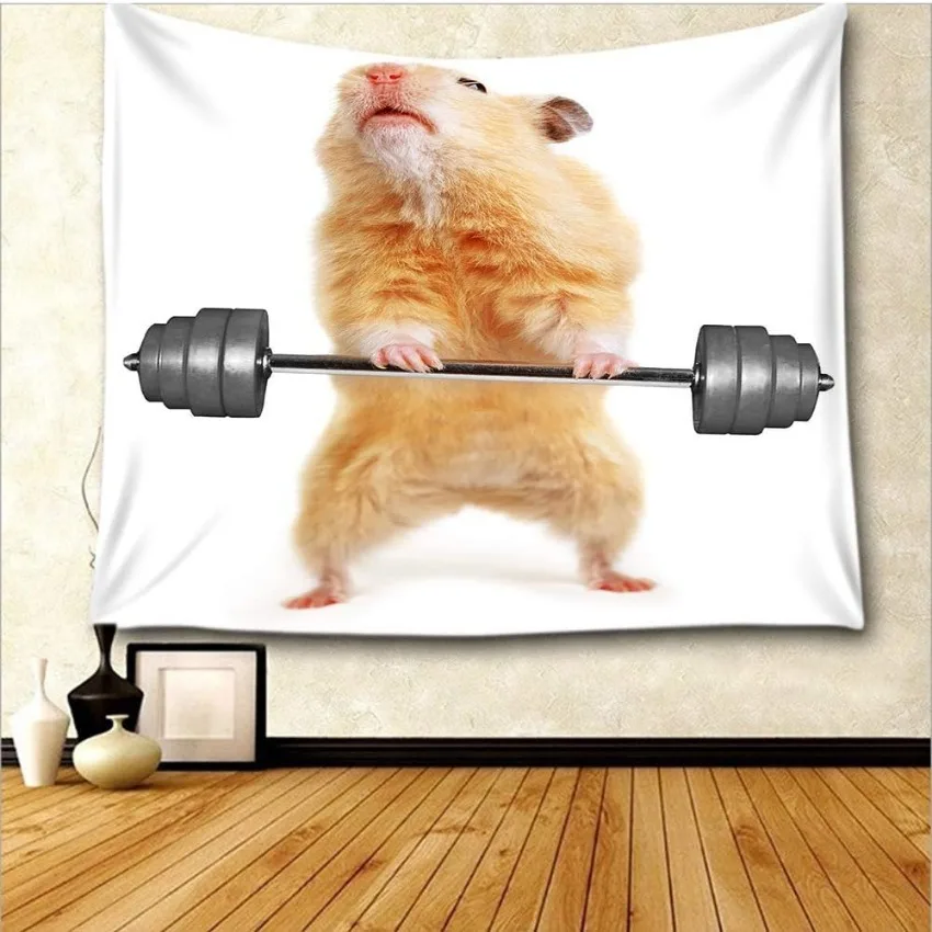 Cute Mice Workout Tapestry Funny Hamster Gym Wall Art Polyester Hanging for Bedroom Dorm Home 60x40in