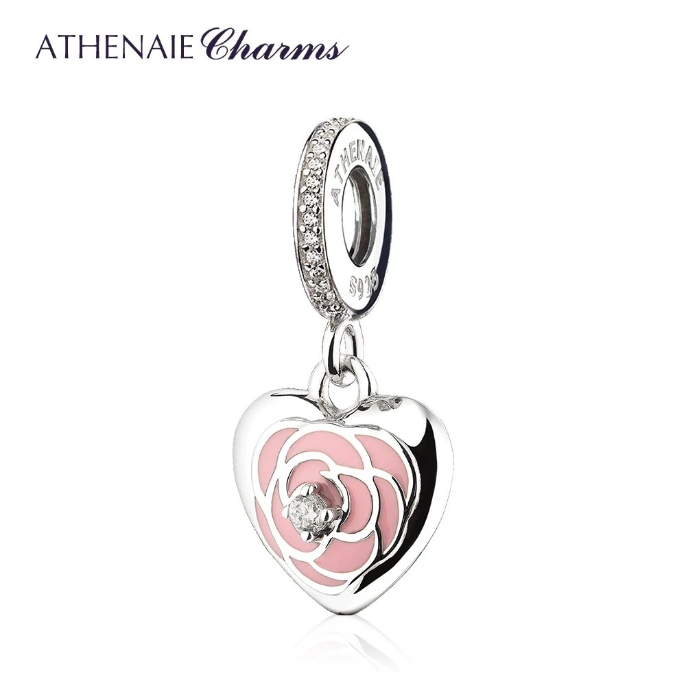 ATHENAIE 925 Sterling SilverPink Rose Pendant Charms Beads Fit Bracelet Bangle For Women Jewelry Valentine's Day Gift