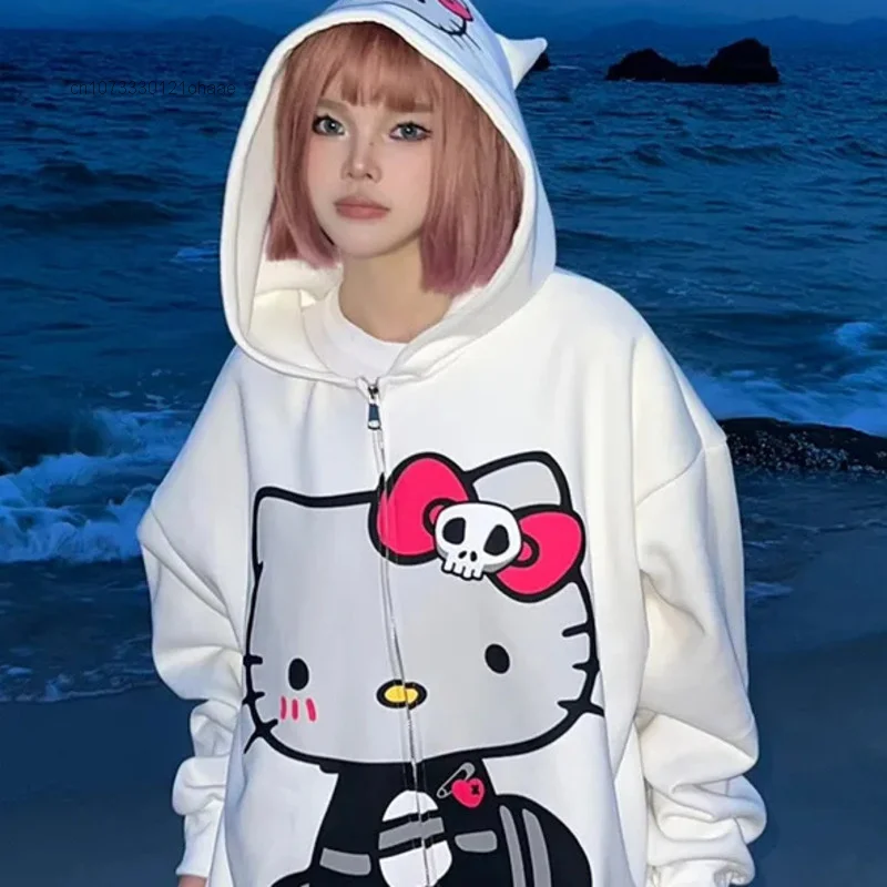 Sanrio Gothic Hello Kitty Women Hoodies American Halloween Skull Printed Hot Sweet Girls Cardigan Loose Design Sense Sweatshirt