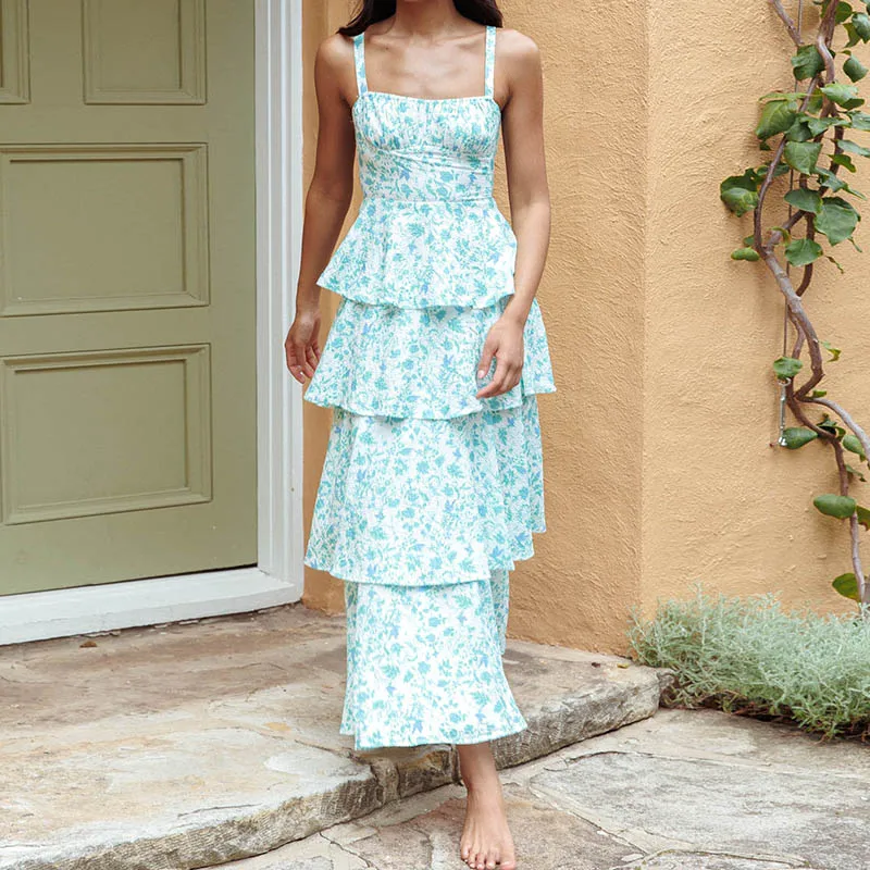 Maemukilabeผู้หญิงBohoดอกไม้MaxiชุดY2kสปาเก็ตตี้Backless RuffleฉัตรFlowyฤดูร้อนBeach Sundress