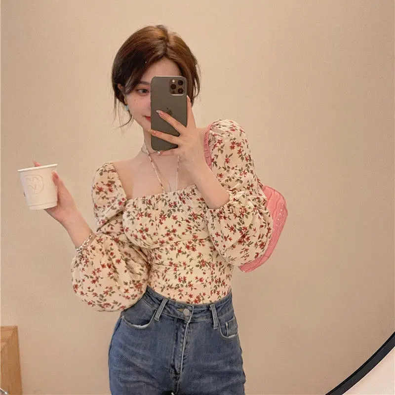 Spuare Collar Blouse Women French Fashion Long Sleeve Spring Vintage Crop Tops Holiday Chic Blusas Femininas College Floral Slim