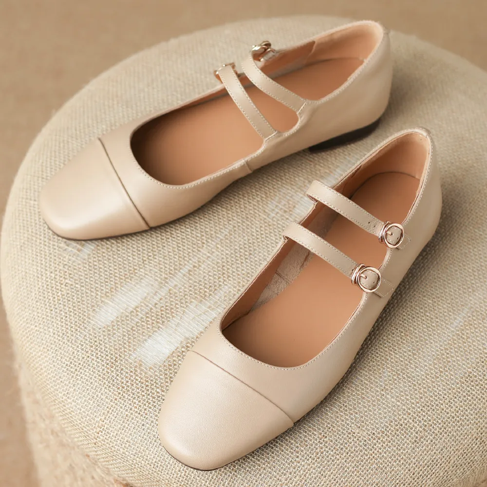 

Women's cow leather round toe double metal buckle round toe mary jane flats leisure soft comfortable ballerinas casual shoes hot