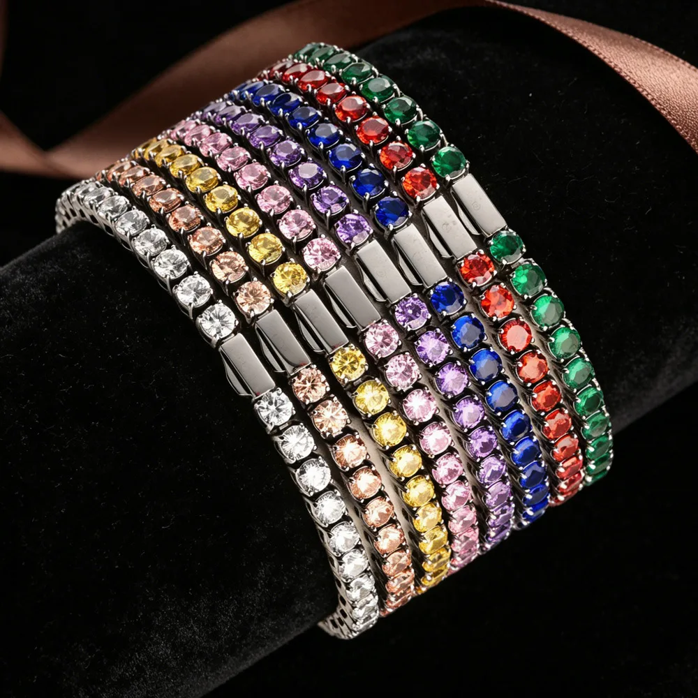 Luxurious Stainless Steel 316L Tennis Bracelet with Color Zirconia 3/4/5mm Never Tarnish Nonallergenic Never Flip--8 Colors