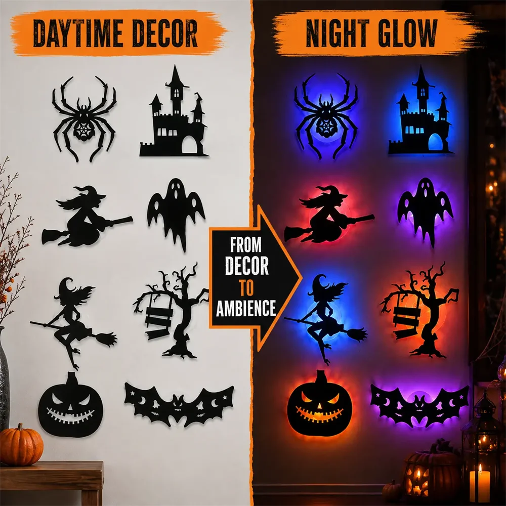 8/14 piezas de adhesivos de pared LED para Halloween, luz nocturna 3D hueca con diseño de murciélago, calabaza, araña, bruja, castillo, fantasma, decoración de pared para fiestas.