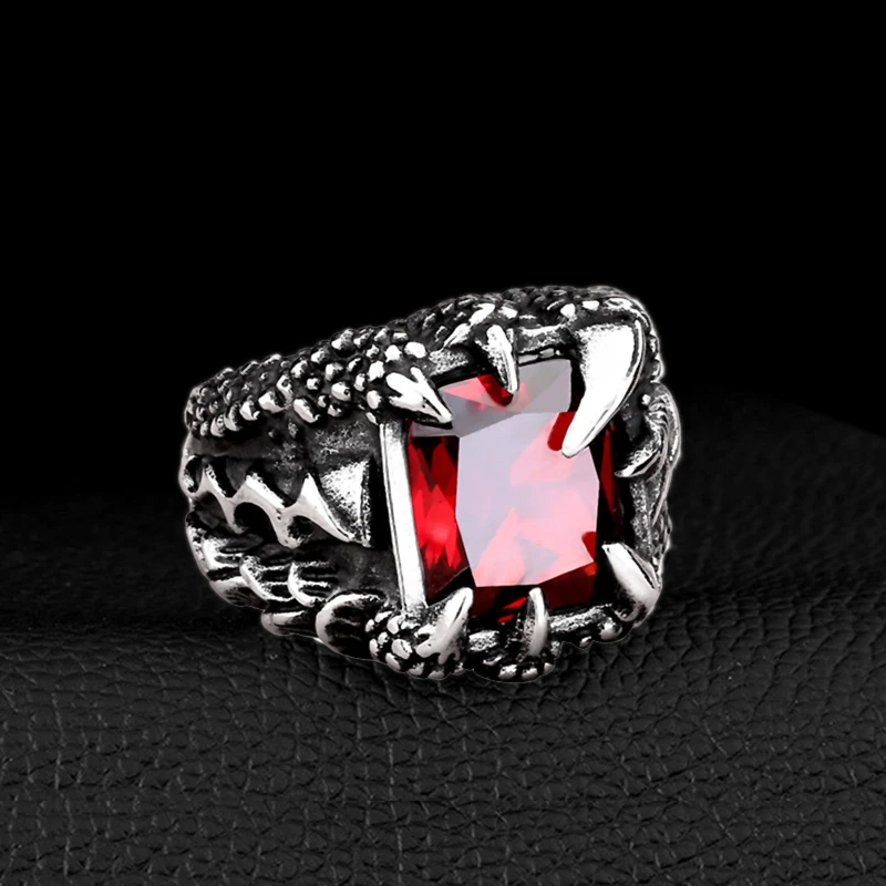 

Viking Warrior Titanium Steel Ring for Men Vintage Norse Dragon Claw Rings with Blue Cubic Zirconia Gothic Punk Style Jewelry